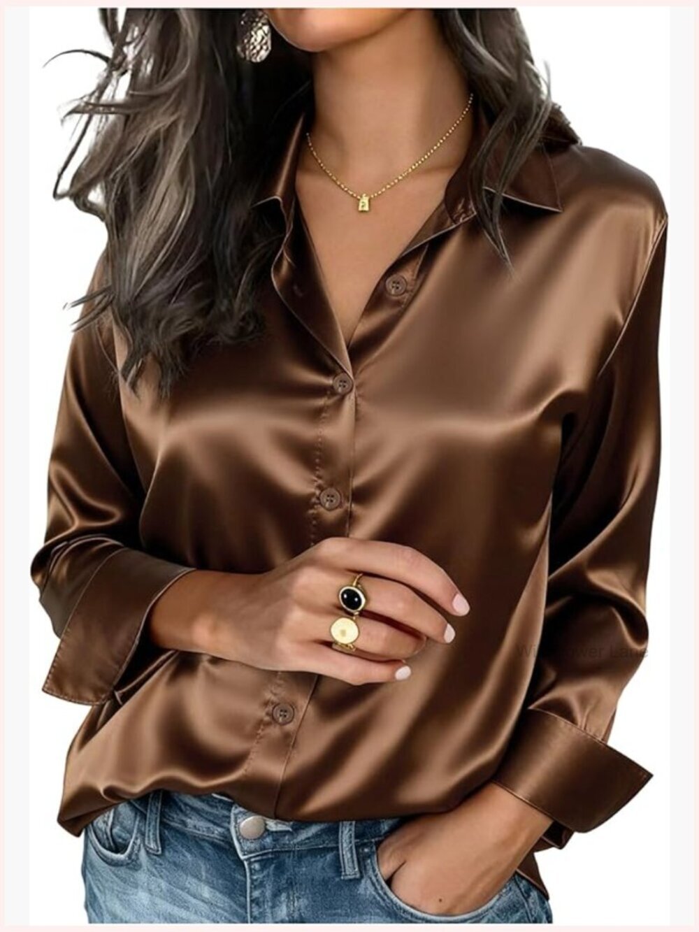 Plus Size Blouse Satin Long Sleeve Button Down Dressy Business Office Shirt